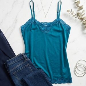 Ricki’s Teal Satin Lace Trim Cami V-Neck Adjustable Strap Office Siren Top XL